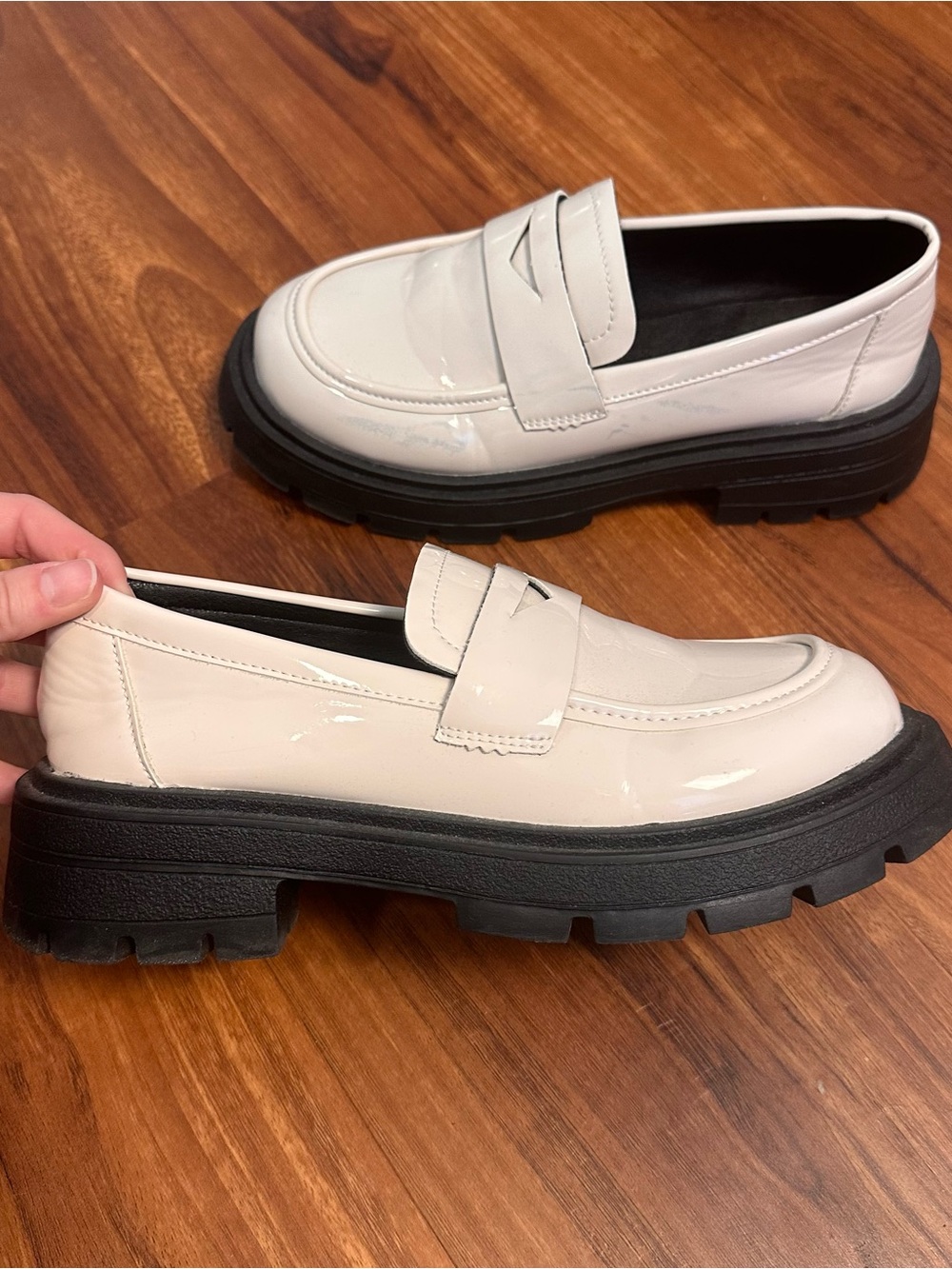 SHEIN Patent Cream Loafers with Black Lug Sole